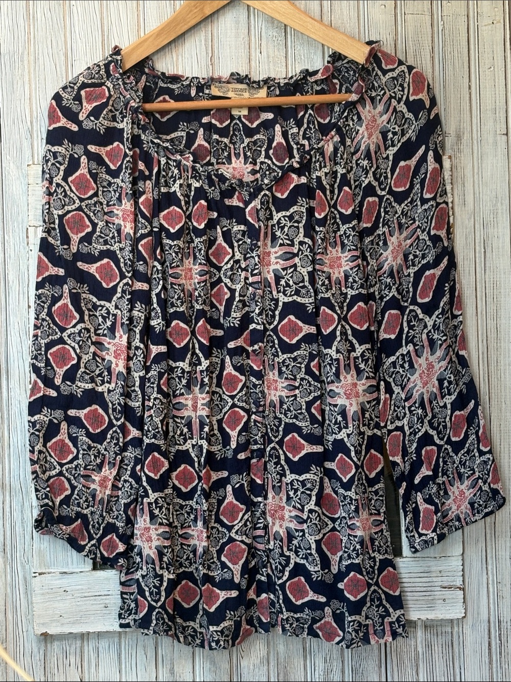 Vintage America Blues Boho Button Down 3/4 Sleeve Size M